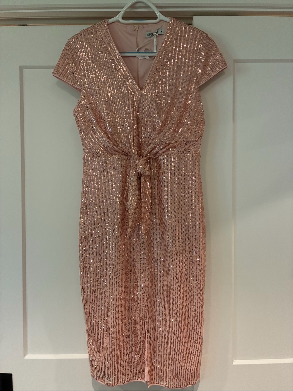 Grace pink Sequin V-Neck Tie-Front Midi Dress